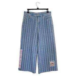 NWOT. Cropped Blue and White Striped High-Rise Wide Leg Jeans. Size: Large